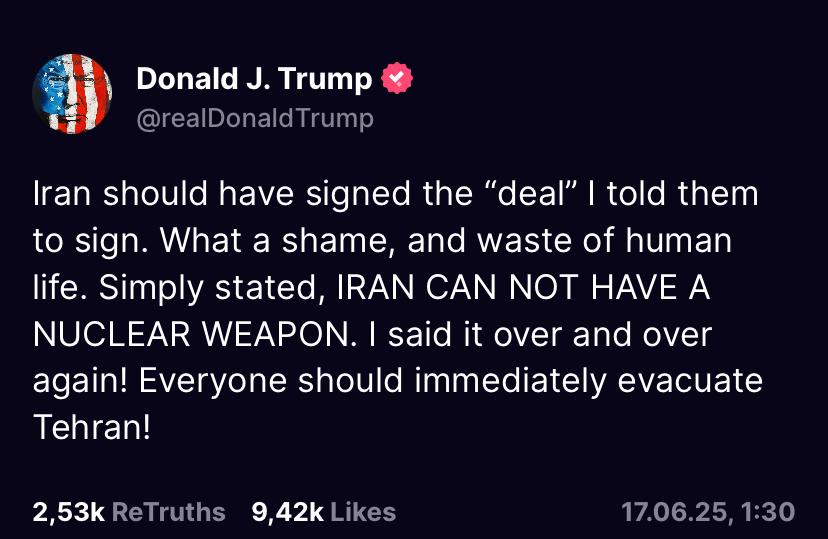 Mesaj Donald Trump (marți, 01:30, ora RO): „Toată lumea trebuie să evacueze imediat Teheranul”